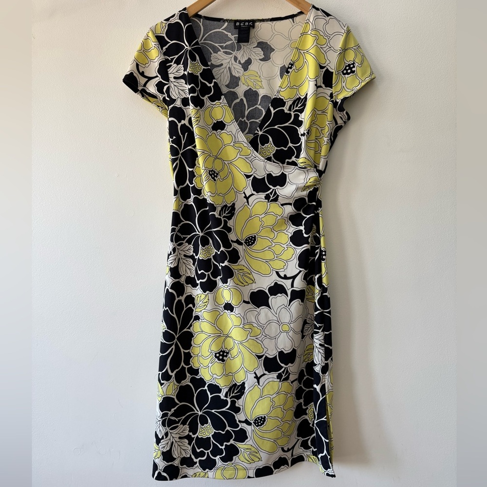 BCBG Paris Y2K Floral Wrap Dress in Yellow and Black